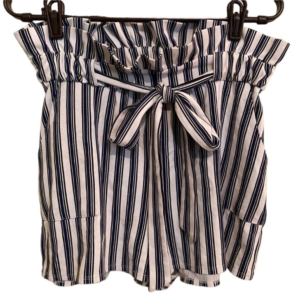 Express Blue & White Nautical Striped Paper Bag Shorts Oversized with Pockets - Picture 2 of 7